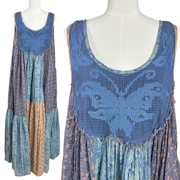 Free People Bohemian 70s Patchwork Hippie Lost Palms Craft Maxi Dress Small - Picture 7 of 16